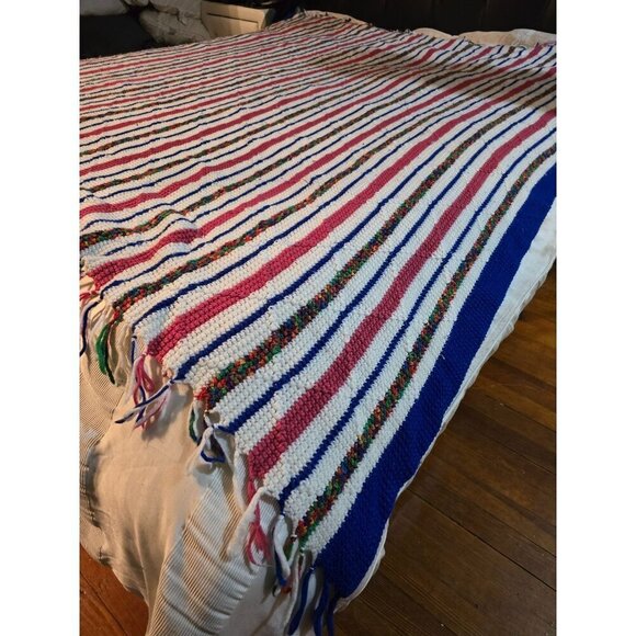 Vintage Handmade Pink Space Dye Striped Fringe Crochet Throw Blanket - Picture 4 of 8
